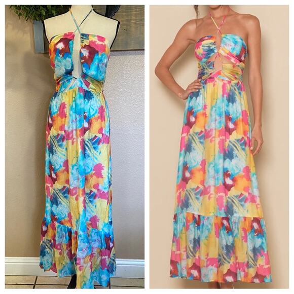 NWOT Lulus Stunning One Multi Abstract Print Drawstring Halter Maxi Dress - Picture 1 of 10
